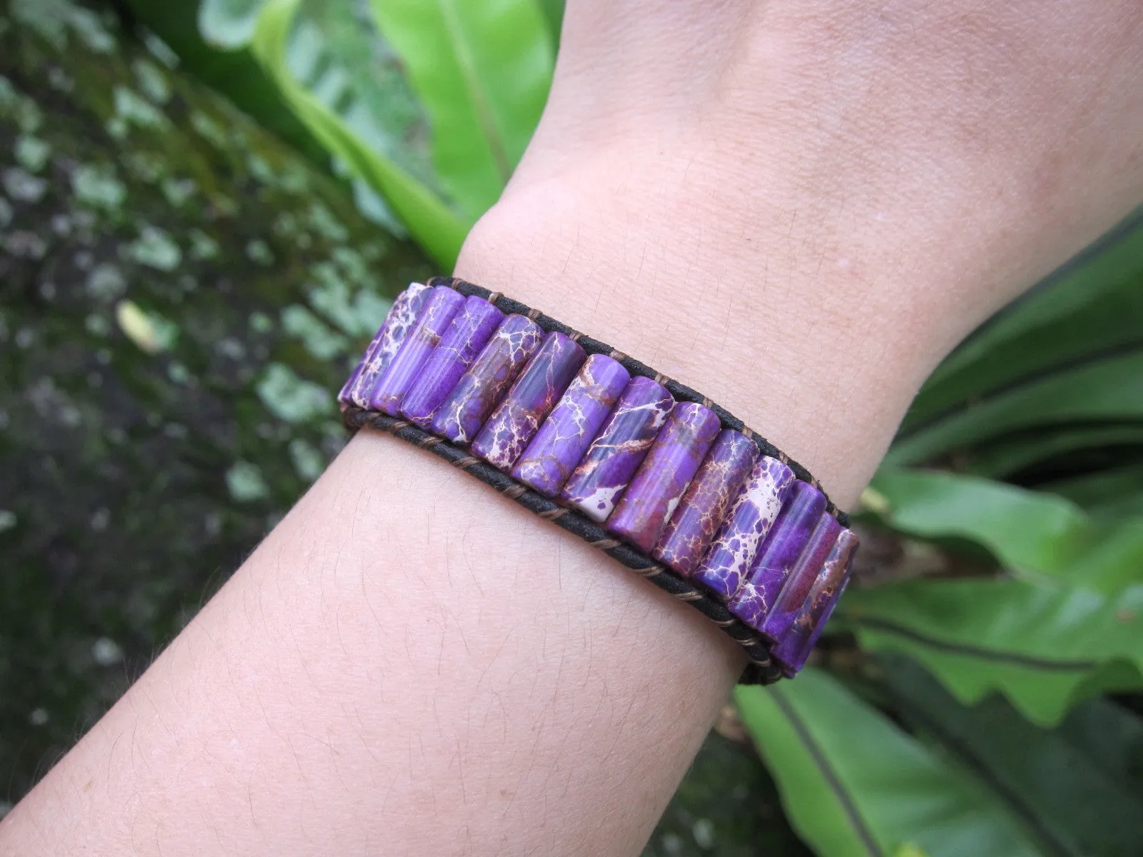 SALE - Purple Imperial Jasper Beaded Leather Bracelet