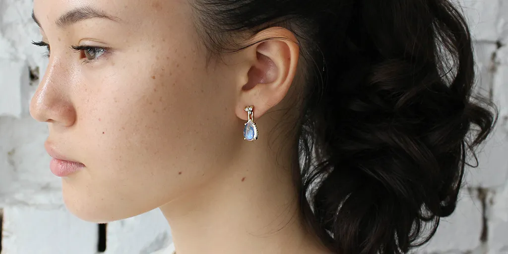 Skull Moonstone   Diamond Drop Earrings