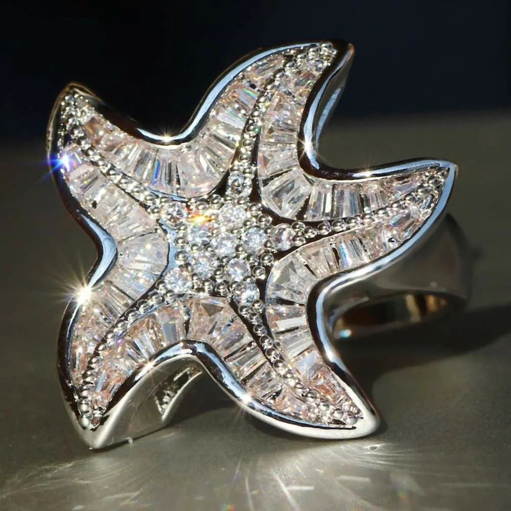 Sterling Silver Created White Sapphire Baguette Pave Starfish Ring