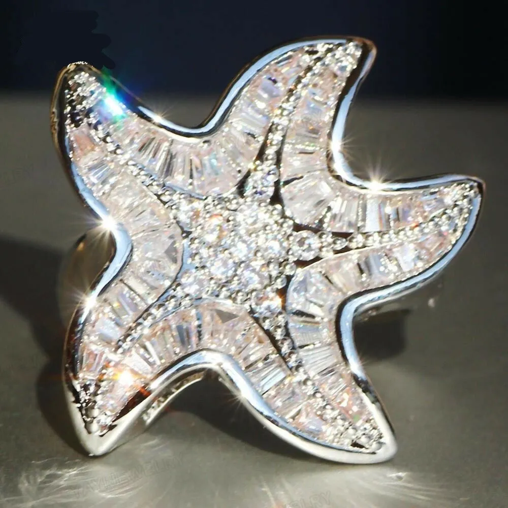 Sterling Silver Created White Sapphire Baguette Pave Starfish Ring