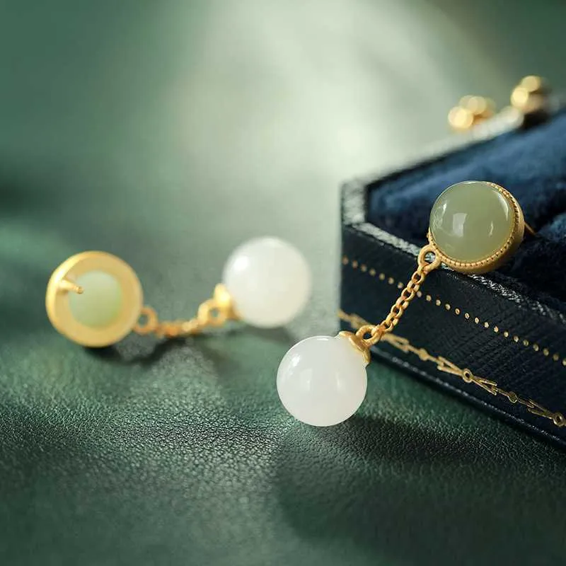 Sterling Silver Green and White Jade Drop Earrings