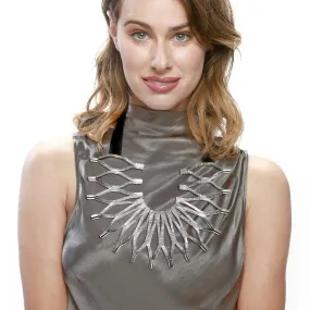 Sunflower silver leather bib necklace