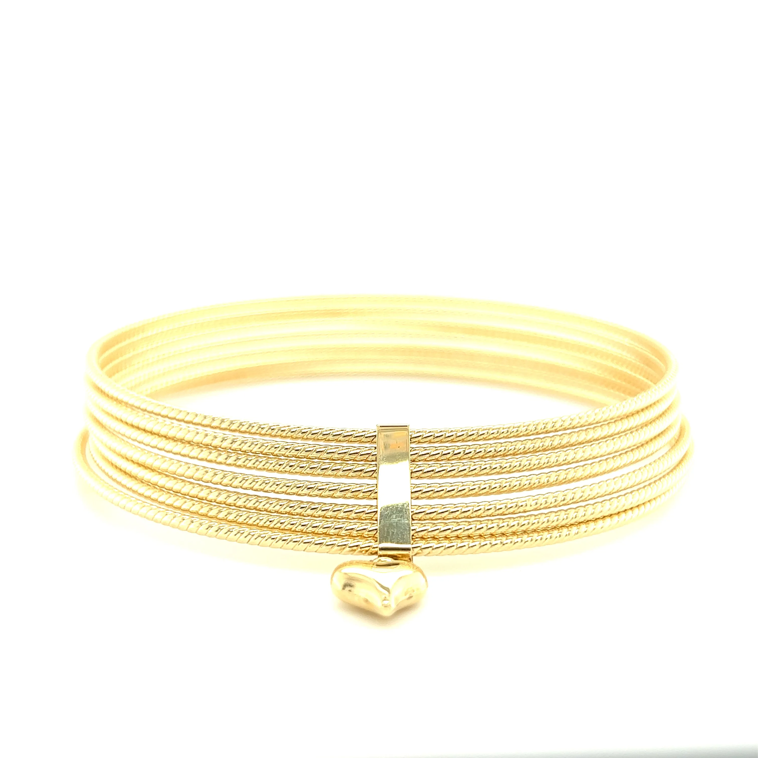 Textured Bangle Bracelet Set with Dangle Heart in 14K Yellow Gold