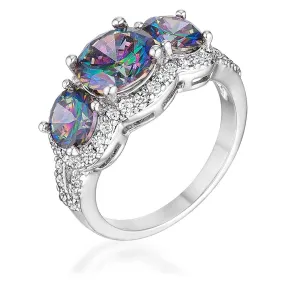 WildKlass 4 Ct Three Stone Rhodium Plated Ring with Mystic and Clear CZ